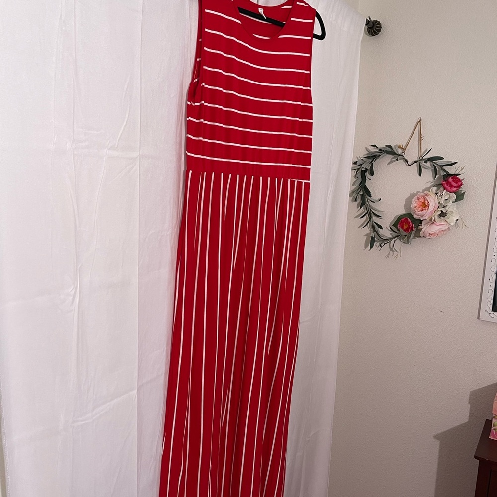 Red and White Striped Sleeveless Dress